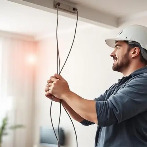 Silivri Gazitepe Mahallesi elektrikçi ekibinin depo, garaj ve ek yapılar için uygun kesitte hat çekimi için yerinde çalışması
