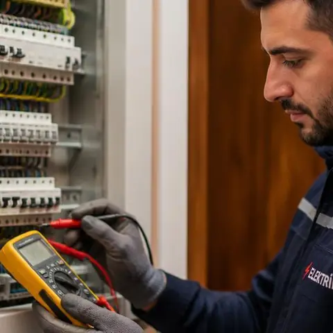 Silivri Alipaşa Mahallesi elektrikçi ekibinin eski bloklarda oksitlenmiş buat ve priz bağlantılarının yenilenmesi için yerinde çalışması