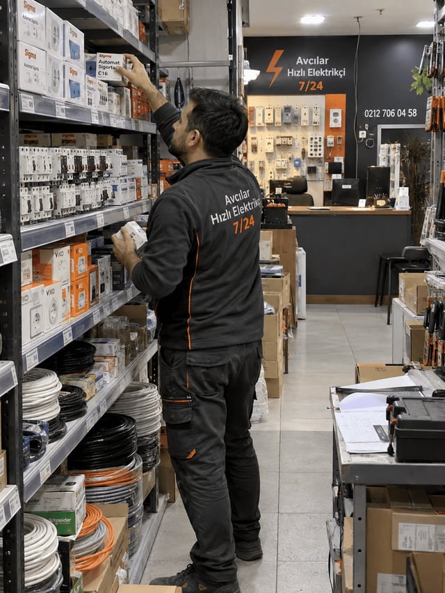 Avcılar Hızlı Elektrikçi 7/24 iş yerimizin rafından otomatik sigorta seçen üniformalı elektrik ustamız