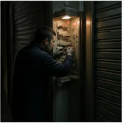 Büyükçekmece Güzelce Mahallesi elektrikçi ekibinin dış cephe ve merdiven aydınlatması arızaları için yerinde çalışması