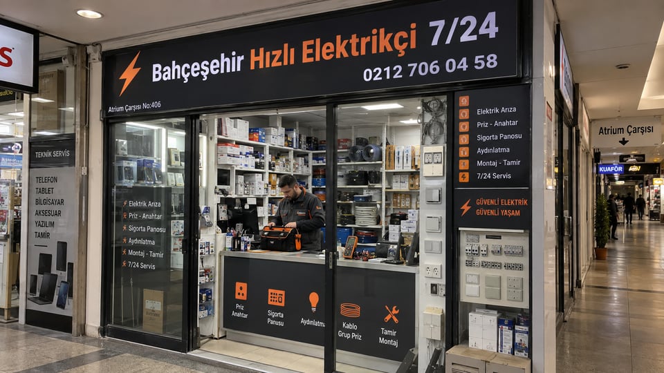 Bahçeşehir Elektrikçi — Bahçeşehir Hızlı Elektrikçi 7/24 tabelalı gerçek iş yeri: Atrium Çarşısı No:406'daki tabelalı iş yerimizin, ürün rafları ve servis tezgâhıyla birlikte görünen ön cephesi