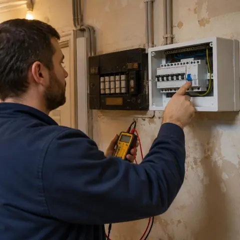 Beylikdüzü Büyükşehir Mahallesi elektrikçi ekibinin kaçak akım rölesi takılması ve periyodik testi için yerinde çalışması