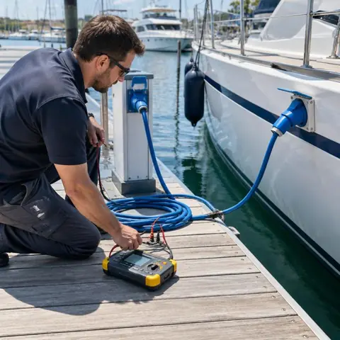 Beylikdüzü West İstanbul Marina elektrikçi ekibinin tekne bağlantılarında topraklama sürekliliği ve galvanik ayrım ölçümü için yerinde çalışması