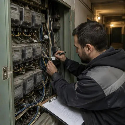 Beylikdüzü Barış Mahallesi elektrikçi ekibinin toplu sayaç panolarında kablo etiketleme ve düzenleme için yerinde çalışması