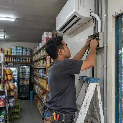 Beylikdüzü Beykent elektrikçi ekibinin cadde üzerindeki işletmelerde vitrin ve klima grubu beslemesi için yerinde çalışması