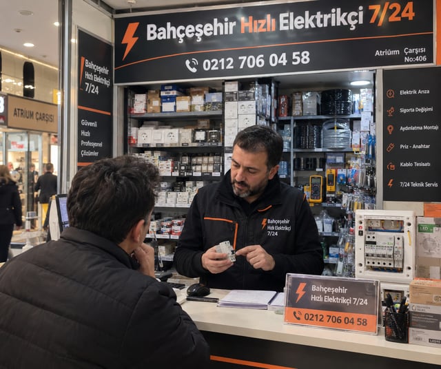 Bahçeşehir Hızlı Elektrikçi 7/24 iş yerimizin tezgâhta müşteriye sigorta ve malzeme seçimini anlatan ustamız