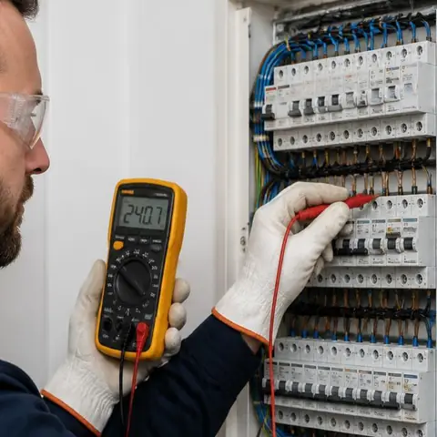 Silivri Piri Mehmet Paşa Mahallesi elektrikçi ekibinin plaza ve ofis katlarında üç fazlı dağıtım panosu kontrolü için yerinde çalışması