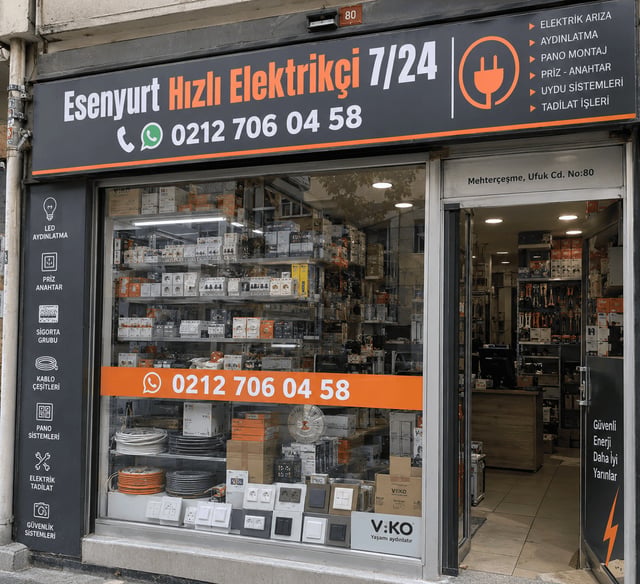 Esenyurt Hızlı Elektrikçi 7/24 iş yerimizin Mehterçeşme Ufuk Caddesi No:80'deki tabelalı Esenyurt Hızlı Elektrikçi 7/24 iş yerimizin ön cephe görünümü