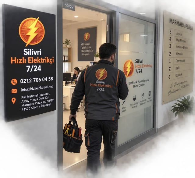 Silivri Hızlı Elektrikçi 7/24 iş yerimizin plaza girişindeki tabelamız ve alet çantasıyla ofise giren üniformalı ustamız