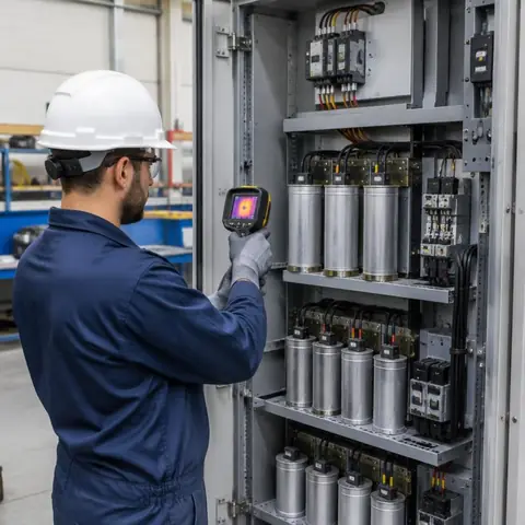 Beylikdüzü Yakuplu Mahallesi elektrikçi ekibinin kompanzasyon panosunda kondansatör değerlendirmesi için yerinde çalışması