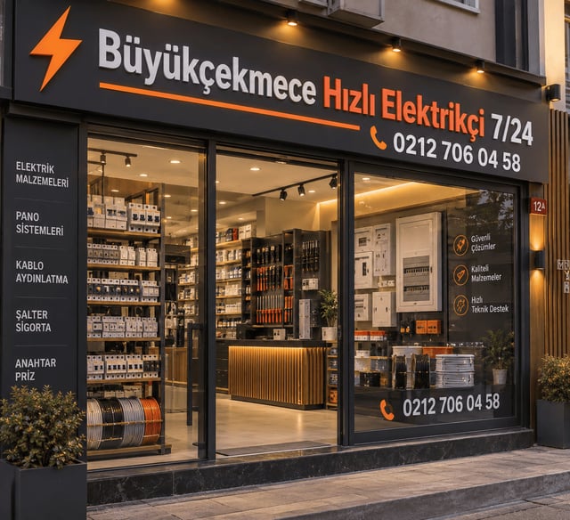 Büyükçekmece Hızlı Elektrikçi 7/24 iş yerimizin iş yerimizin aydınlatılmış vitrini ve marka tabelası