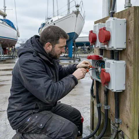 Beylikdüzü West İstanbul Marina elektrikçi ekibinin çekek alanı ve bakım atölyesinde seyyar ekipman prizleri için yerinde çalışması