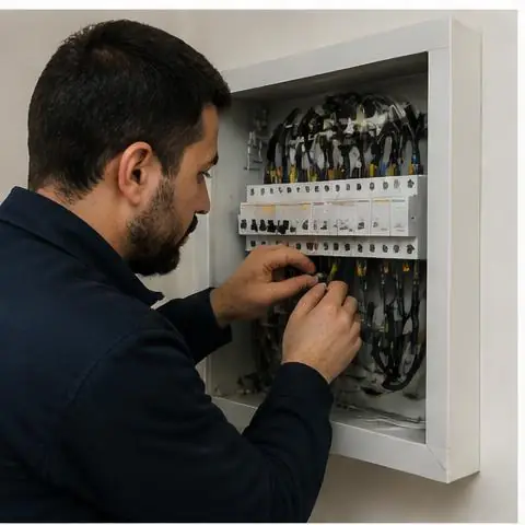 Esenyurt Sultaniye Mahallesi elektrikçi ekibinin sultaniye Mahallesi'nde eski bina pano yenileme için yerinde çalışması