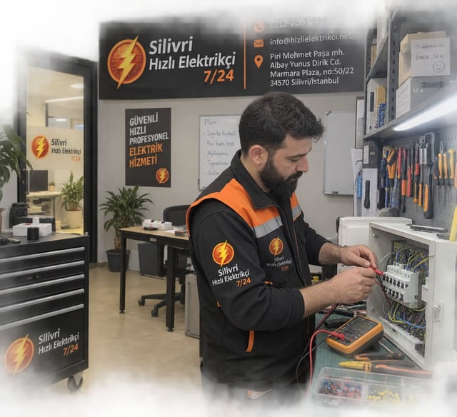 Silivri Hızlı Elektrikçi 7/24 iş yerimizin atölyemizde test panosu üzerinde ölçüm cihazıyla kontrol yapan ustamız