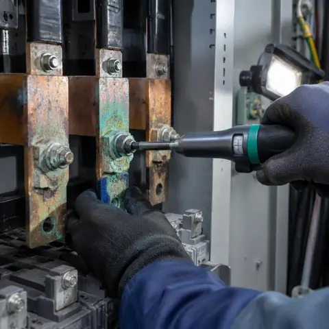 Beylikdüzü Gürpınar Mahallesi elektrikçi ekibinin pano içi bağlantılarda oksitlenme ve ısınma kontrolü için yerinde çalışması