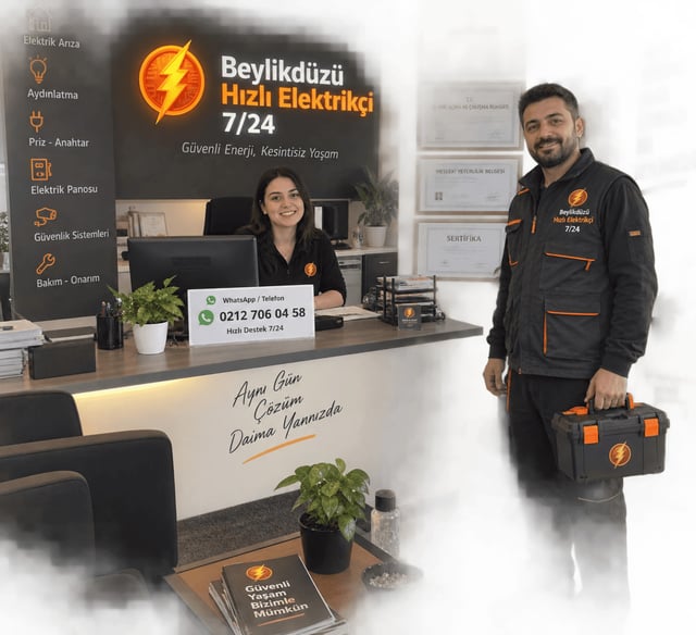 Beylikdüzü Hızlı Elektrikçi 7/24 iş yerimizin belgelerimizin asılı olduğu karşılama bankosu, müşteri temsilcimiz ve servise çıkan ustamız