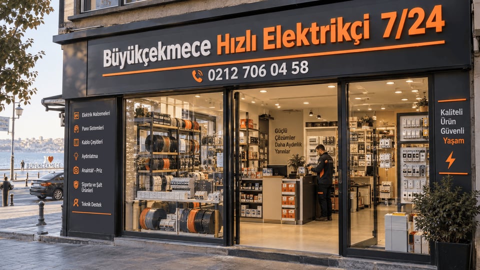Büyükçekmece Hızlı Elektrikçi 7/24 — Büyükçekmece bölgesine 7/24 elektrik servisi veren gerçek iş yerimiz Büyükçekmece Elektrikçi — Büyükçekmece Hızlı Elektrikçi 7/24 tabelalı gerçek iş yeri: cadde üzerindeki tabelalı iş yerimizin ve vitrinimizin gündüz ön cephe görünümü