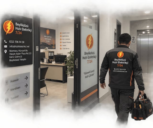 Beylikdüzü Hızlı Elektrikçi 7/24 iş yerimizin plaza koridorundaki yönlendirme tabelamız ve ofise giren çantalı ustamız