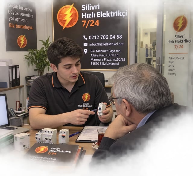 Silivri Hızlı Elektrikçi 7/24 iş yerimizin müşterisine otomatik sigorta ve kaçak akım rölesi seçeneklerini anlatan teknik danışmanımız