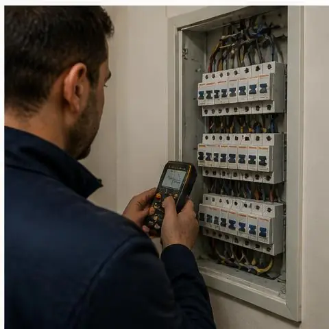 Avcılar Yeşilkent Mahallesi elektrikçi ekibinin otopark ve merdiven aydınlatmasında sensör ve zaman rölesi sorunları için yerinde çalışması