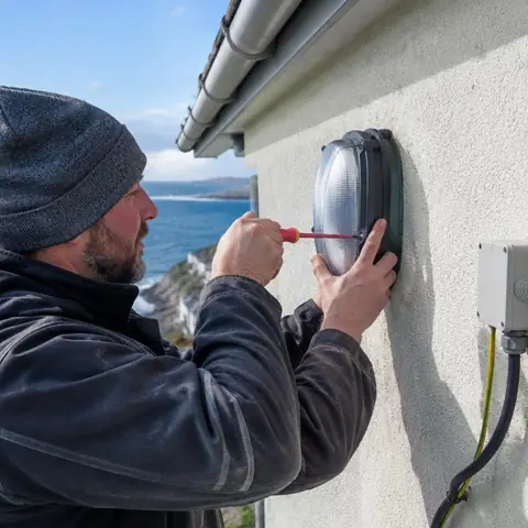 Beylikdüzü Gürpınar Mahallesi elektrikçi ekibinin dış cephe ve teras aydınlatmasında IP korumalı armatür uygulaması için yerinde çalışması