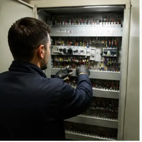 Esenyurt Akçaburgaz Mahallesi elektrikçi ekibinin akçaburgaz Mahallesi çevresinde kompanzasyon panosu kontrolleri için yerinde çalışması