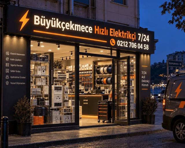 Büyükçekmece Hızlı Elektrikçi 7/24 iş yerimizin akşam saatlerinde ışıkları açık iş yerimiz ve kapının önünde bekleyen servis aracımız