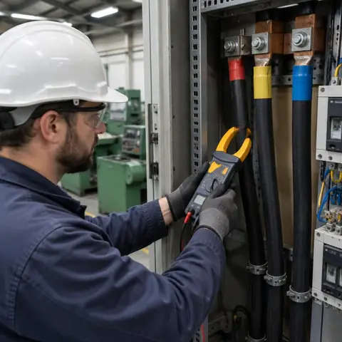 Beylikdüzü Yakuplu Mahallesi elektrikçi ekibinin üç fazlı panolarda faz dengesi ve akım ölçümü için yerinde çalışması