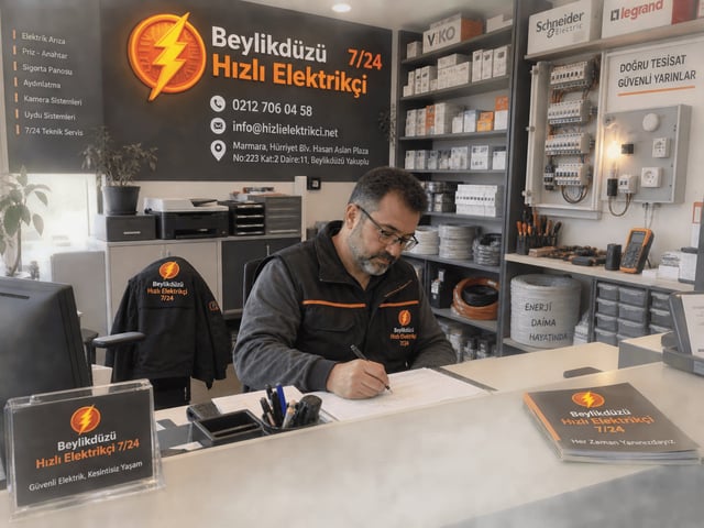 Beylikdüzü Hızlı Elektrikçi 7/24 iş yerimizin sigorta, pano ve kablo raflarının önünde iş kaydı tutan ustabaşımız