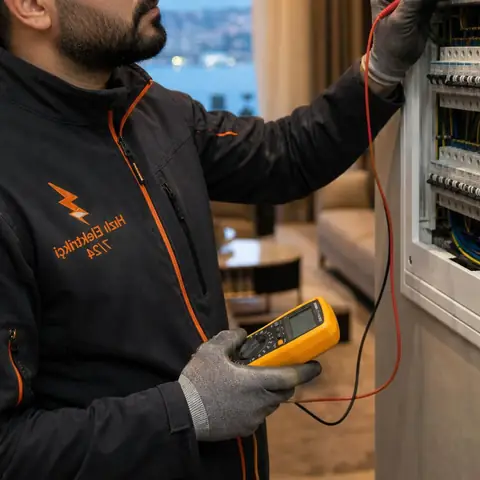 Silivri elektrikçi ekibinin merkez mahallelerde eskiyen kolon hatları, toplu sayaç panoları ve sigorta atması için yerinde çalışması