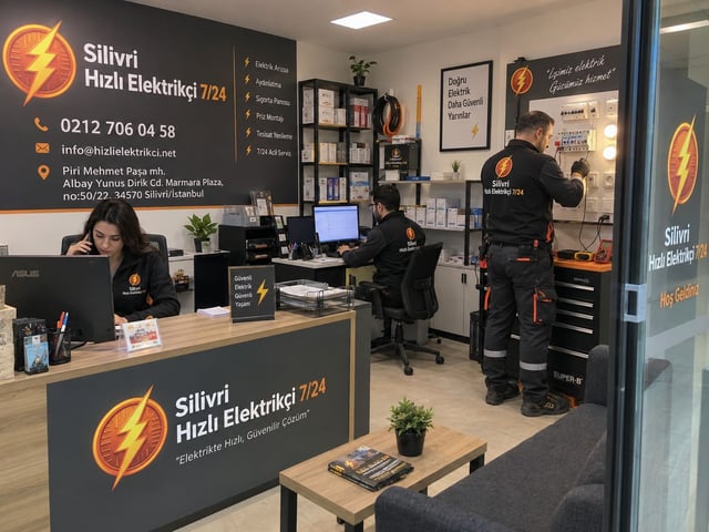 Silivri Hızlı Elektrikçi 7/24 iş yerimizin karşılama bankosu, çağrı masası ve anahtar-priz teşhir panosuyla iş yerimizin genel iç görünümü