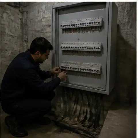 Bahçeşehir elektrikçi ekibinin mutfak, banyo ve klima hatlarında aşırı yüklenmeden kaynaklanan sigorta atmaları için yerinde çalışması