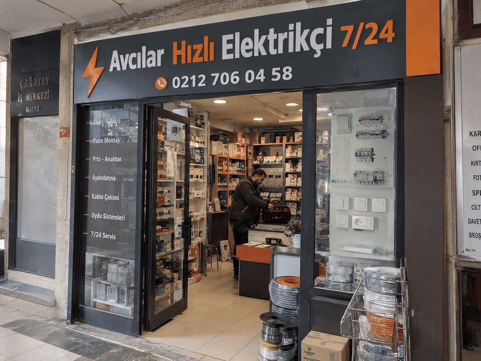 Avcılar Elektrikçi — Avcılar Hızlı Elektrikçi 7/24 tabelalı gerçek iş yeri: Marmara Caddesi'ndeki tabelalı iş yerimizin, ürün rafları ve servis tezgâhıyla birlikte görünen ön cephesi