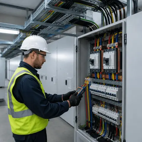Beylikdüzü Marmara Mahallesi elektrikçi ekibinin plaza ve ofislerde üç fazlı dağıtım ile kompanzasyon kontrolü için yerinde çalışması