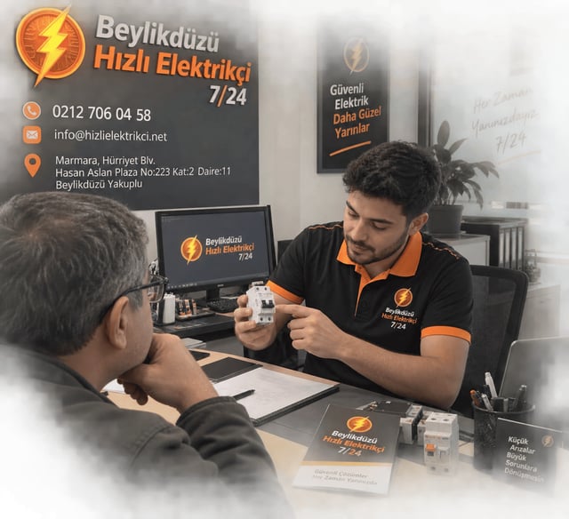 Beylikdüzü Hızlı Elektrikçi 7/24 iş yerimizin müşterisine otomatik sigorta seçeneklerini anlatan teknik danışmanımız