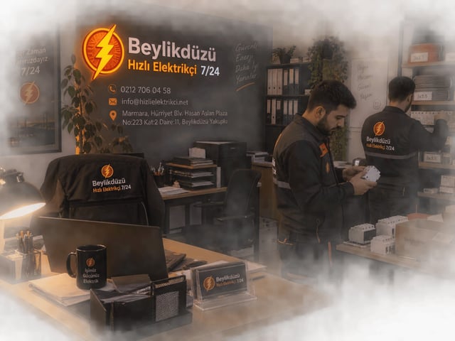 Beylikdüzü Hızlı Elektrikçi 7/24 iş yerimizin kesit kesit kablo rafları önünde malzeme hazırlayan iki ustamız