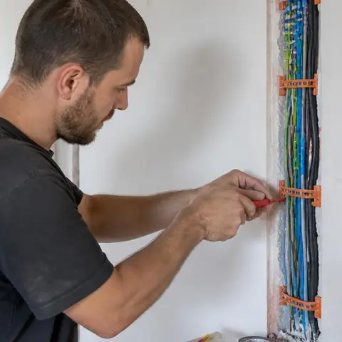 Silivri Çeltik Mahallesi elektrikçi ekibinin depo ve ahırda koruma sınıfı yüksek armatür uygulaması için yerinde çalışması