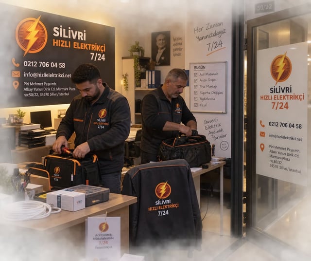 Silivri Hızlı Elektrikçi 7/24 iş yerimizin günlük iş listesinin yazılı olduğu panonun önünde servis çantalarını hazırlayan iki ustamız