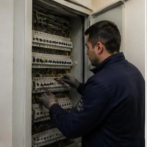 Avcılar Parseller elektrikçi ekibinin interkom, kamera ve otopark aydınlatma hatlarının karışması için yerinde çalışması