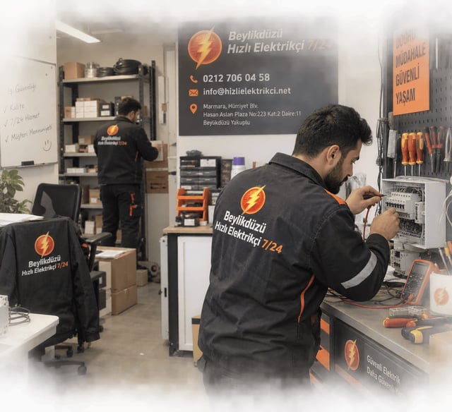 Beylikdüzü Hızlı Elektrikçi 7/24 iş yerimizin atölyemizde test panosu üzerinde ölçüm yapan ustamız ve malzeme rafları