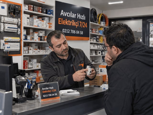 Avcılar Hızlı Elektrikçi 7/24 iş yerimizin servis tezgâhında müşteriye elektrik malzemesini açıklayan ustamız