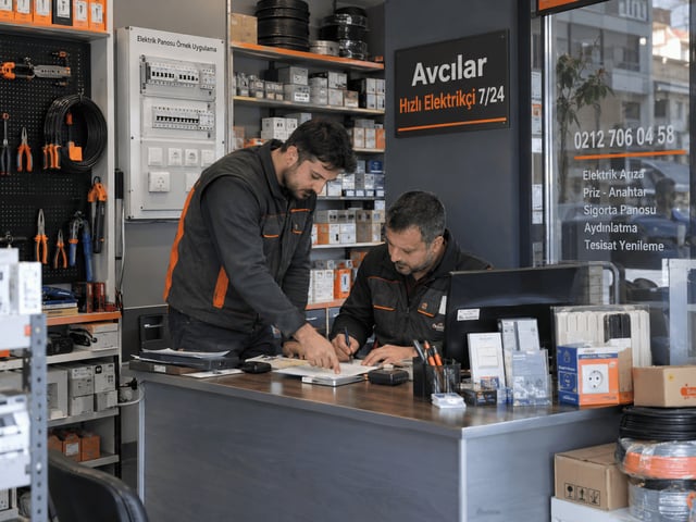 Avcılar Hızlı Elektrikçi 7/24 iş yerimizin iş yerimizin servis tezgâhında elektrik projesini birlikte inceleyen ustalarımız