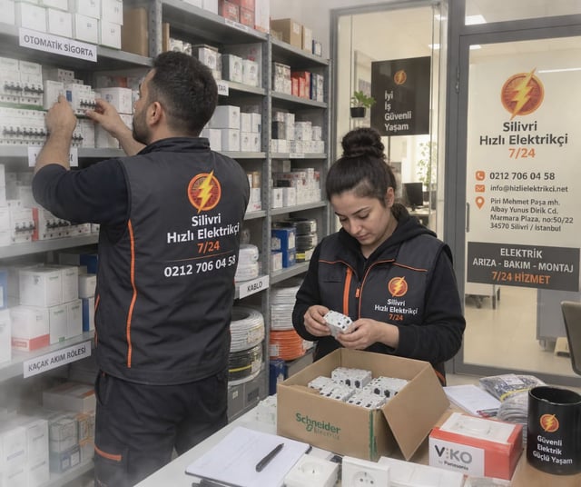 Silivri Hızlı Elektrikçi 7/24 iş yerimizin otomatik sigorta, kaçak akım rölesi ve kablo raflarında malzeme hazırlayan iki ekip üyemiz