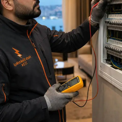Silivri Danamandıra Mahallesi elektrikçi ekibinin çiftlik yapılarında üç fazlı motor koruma ayarı için yerinde çalışması