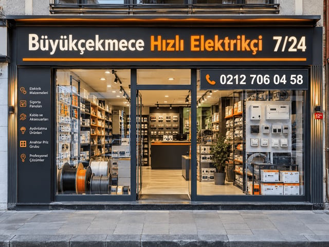Büyükçekmece Hızlı Elektrikçi 7/24 iş yerimizin iş yerimizin önden görünümü; pano, kablo ve aydınlatma malzemelerinin sergilendiği vitrin