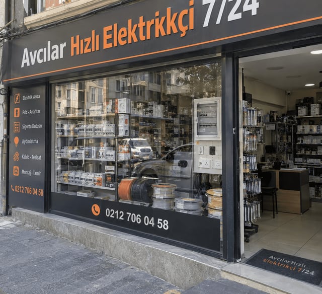 Avcılar Hızlı Elektrikçi 7/24 iş yerimizin elektrik panoları ve kablo çeşitlerinin sergilendiği mağaza vitrinimiz