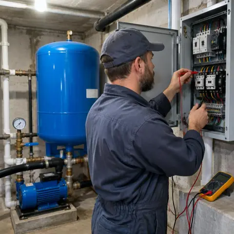 Beylikdüzü Barış Mahallesi elektrikçi ekibinin hidrofor ve su deposu panosu bakım ve onarımı için yerinde çalışması