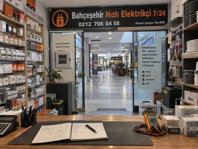 Bahçeşehir Hızlı Elektrikçi 7/24 iş yerimizin servis tezgâhımızdan çarşı girişine ve malzeme raflarına bakan iç görünüm