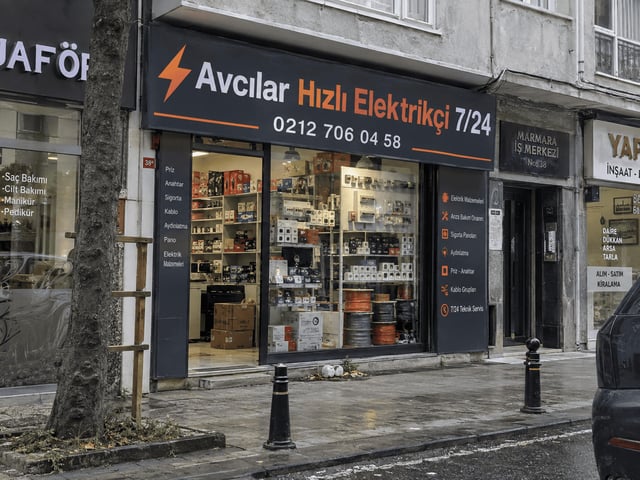 Avcılar Hızlı Elektrikçi 7/24 iş yerimizin Marmara Caddesi üzerindeki aydınlatılmış vitrinimizin ve marka tabelamızın görünümü