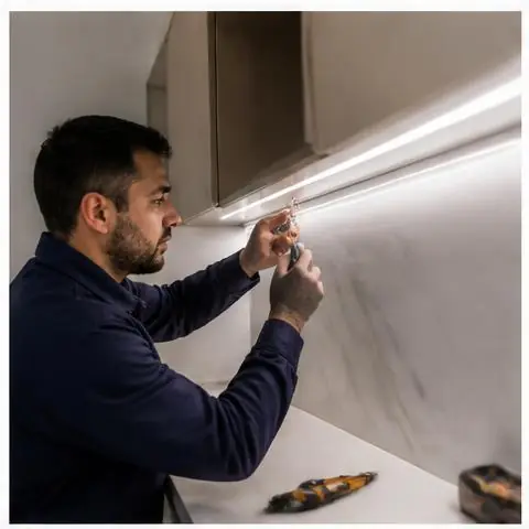 Esenyurt Merkez Mahallesi elektrikçi ekibinin merkez Mahallesi çevresinde vitrin ve tabela aydınlatması için yerinde çalışması